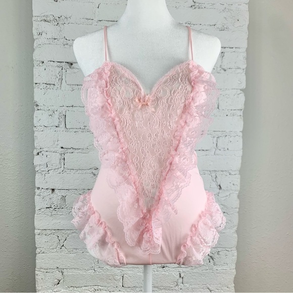 Alana Gale Intimates Nylon Pink Lace Ruffle Two Piece Teddy Robe Lingerie Set L - Picture 11 of 15